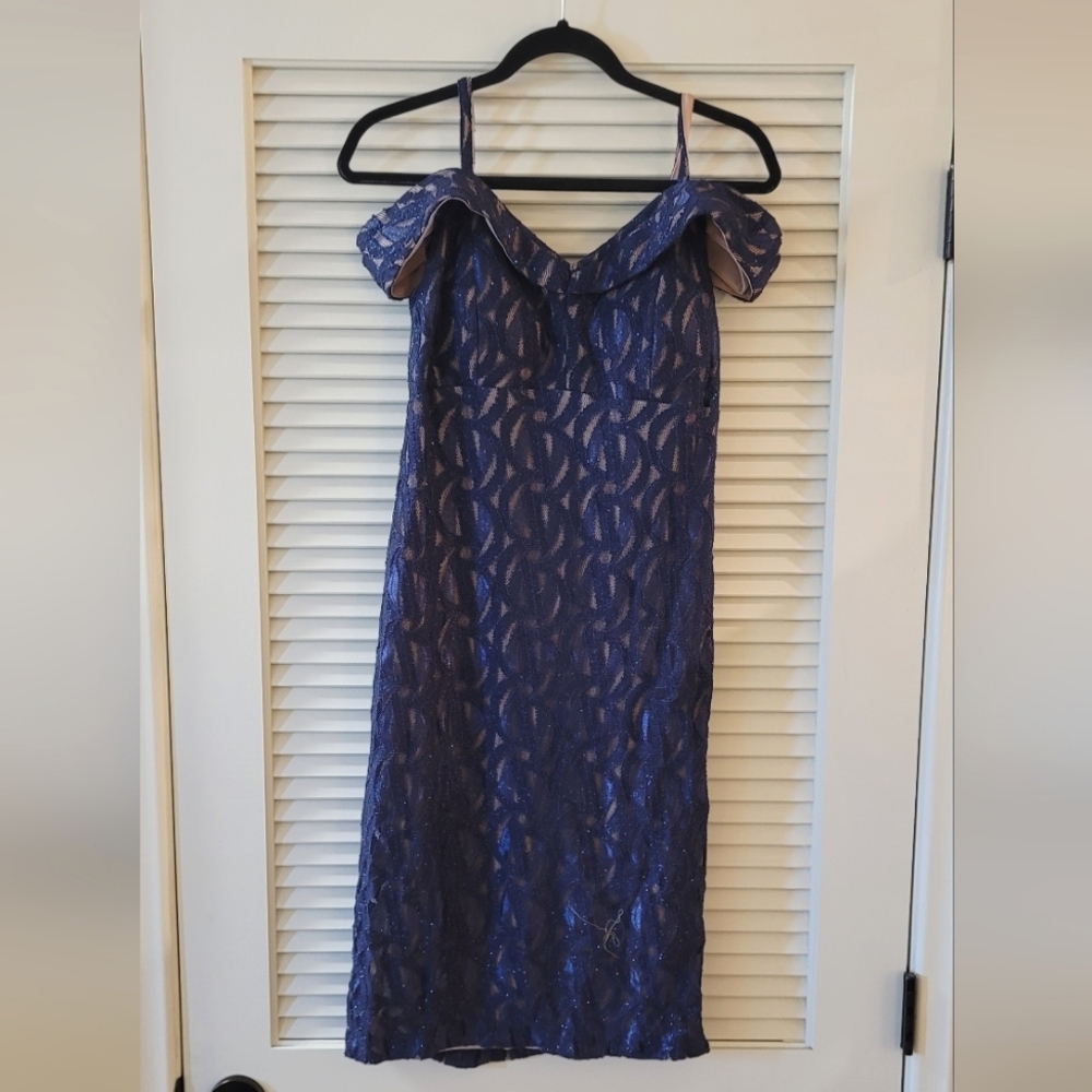 R&M Richards - (NWT) Navy & Taupe Metallic-Accent Cold-Shoulder Cutout Dress